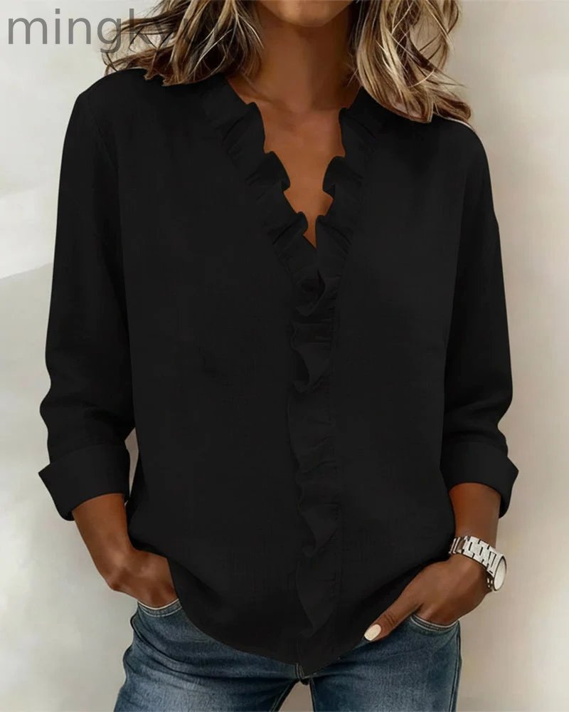 Ruffled Blouse V-Neck Long Sleeves