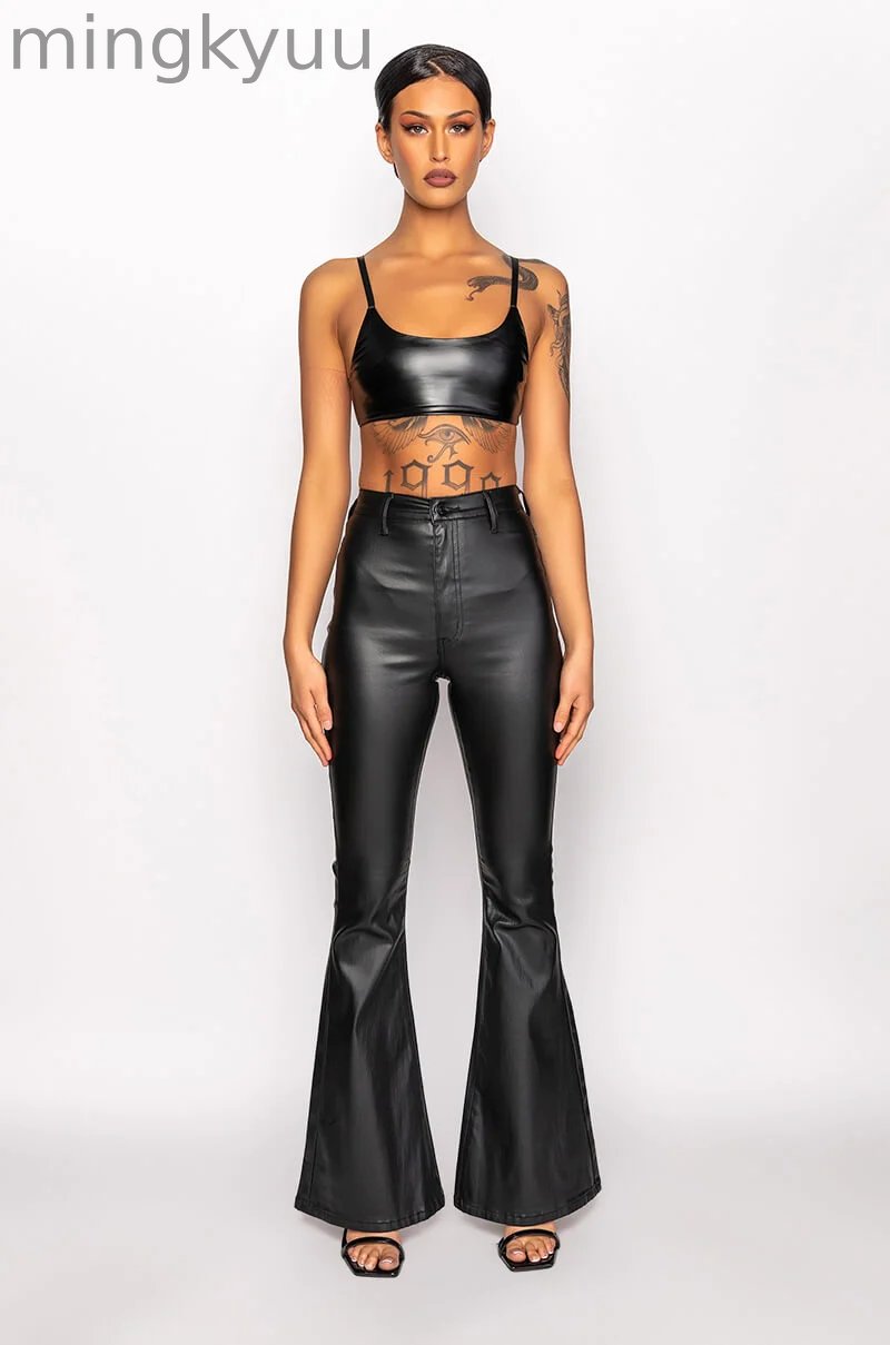 ON DUTY FAUX LEATHER HIGH RISE FLARE PANTS