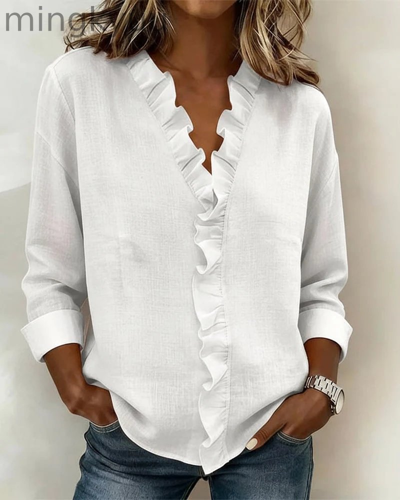 Ruffled Blouse V-Neck Long Sleeves