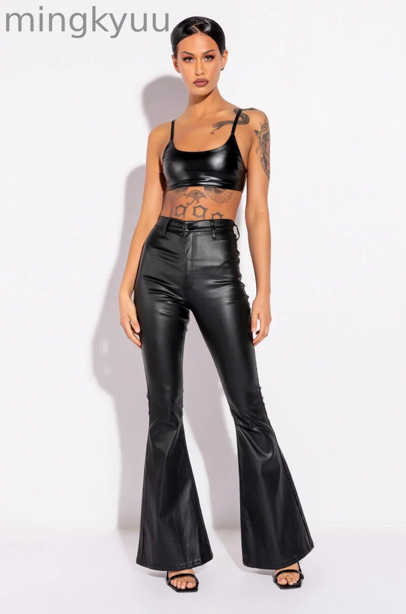 ON DUTY FAUX LEATHER HIGH RISE FLARE PANTS