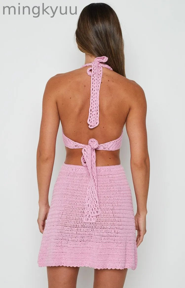 Love Sick Pink Crochet Halter Mini Dress