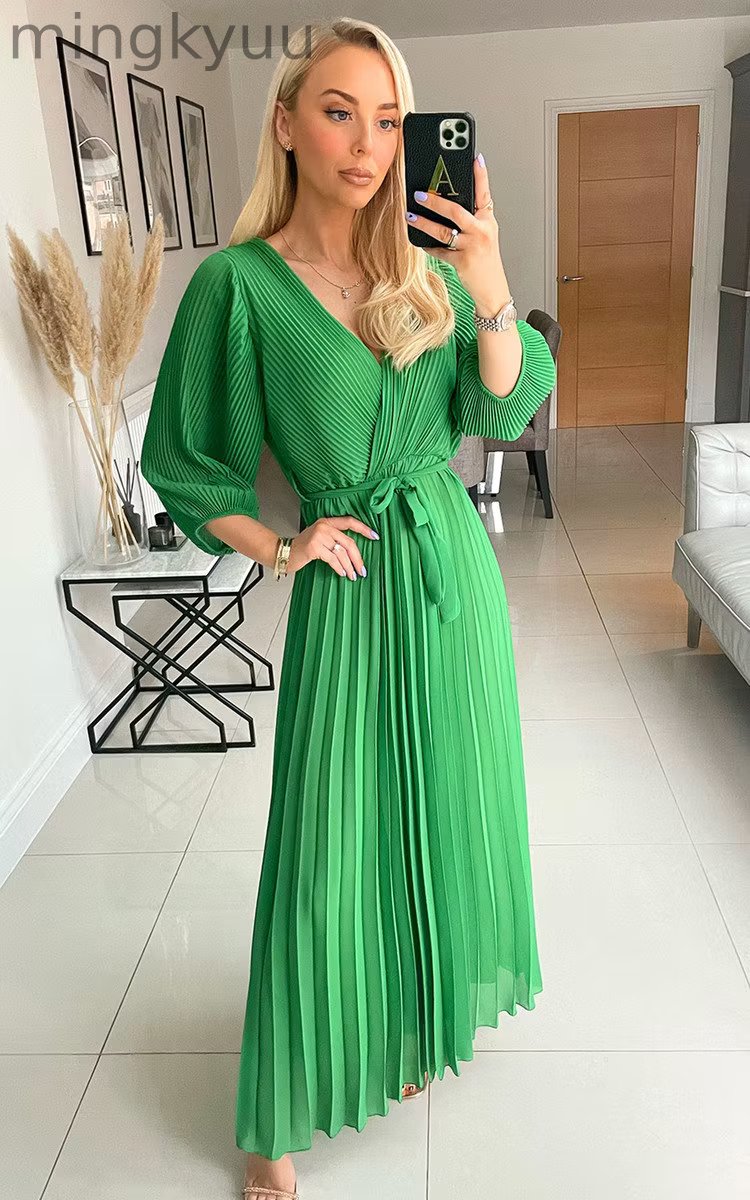 Pleated Wrap Front Maxi Dress in Green