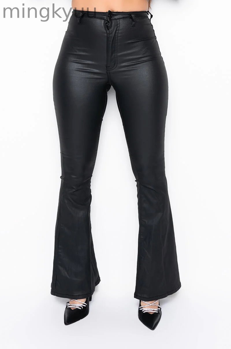 ON DUTY FAUX LEATHER HIGH RISE FLARE PANTS