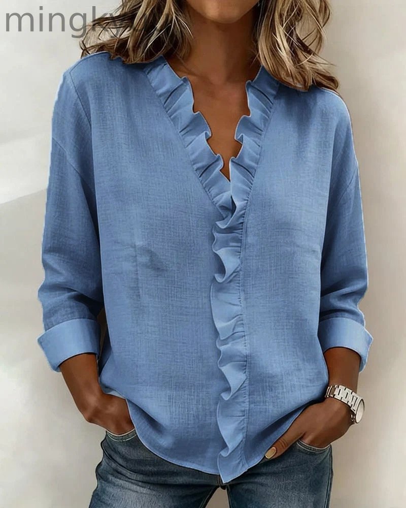 Ruffled Blouse V-Neck Long Sleeves