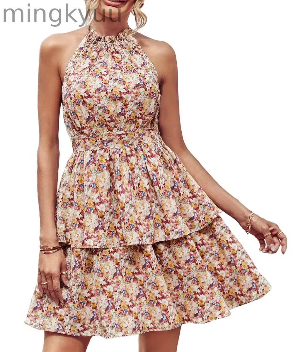 Summer Floral Halter Dress with Ruffle Details and Backless Design
