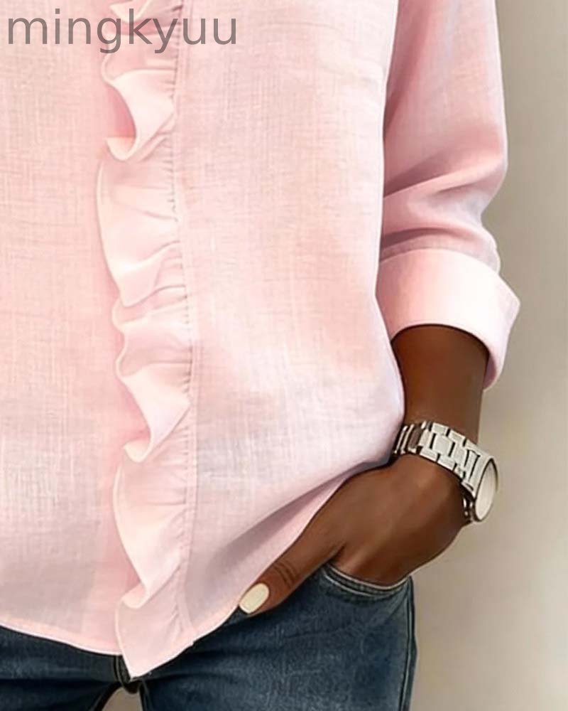Ruffled Blouse V-Neck Long Sleeves