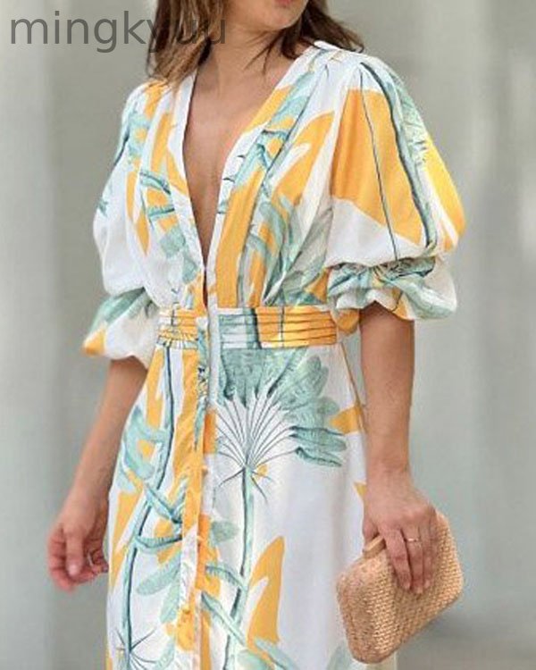 Elegant V-neck Puff Sleeve Waist Print Long Dress