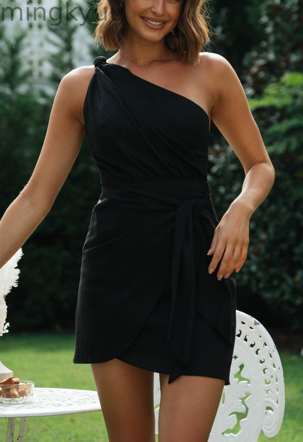 One Shoulder Knot Wrap Tie Mini Dress
