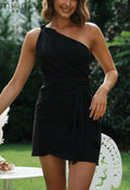 One Shoulder Knot Wrap Tie Mini Dress