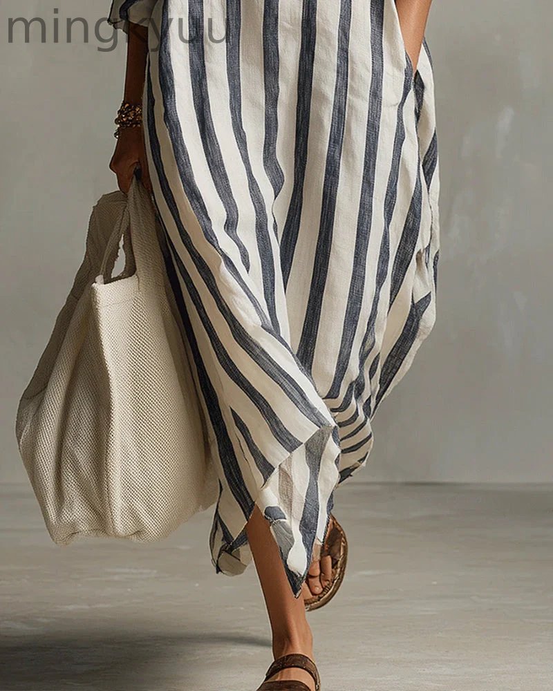 Striped Dress with Lapel Collar
