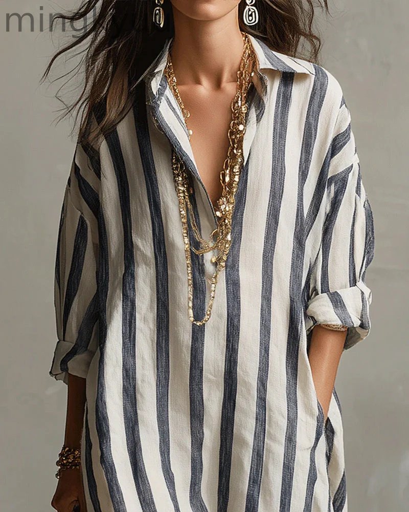 Striped Dress with Lapel Collar