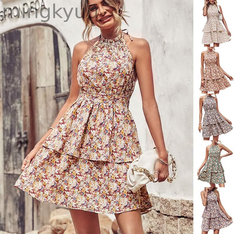 Summer Floral Halter Dress with Ruffle Details and Backless Design