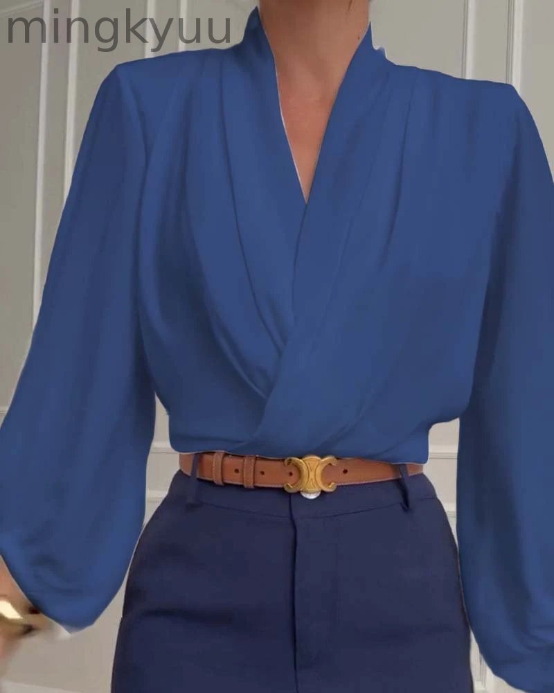 Trendy Lantern Sleeve Blouse with Solid V-Neck