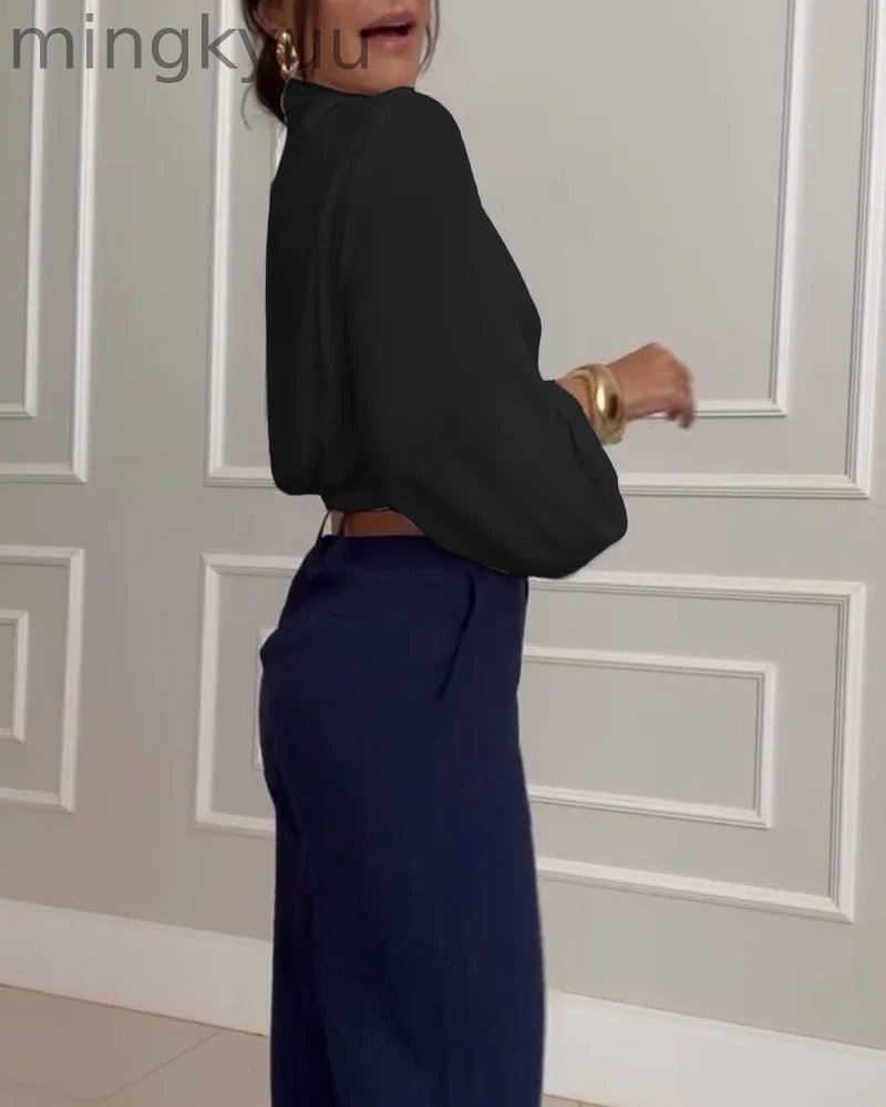 Trendy Lantern Sleeve Blouse with Solid V-Neck