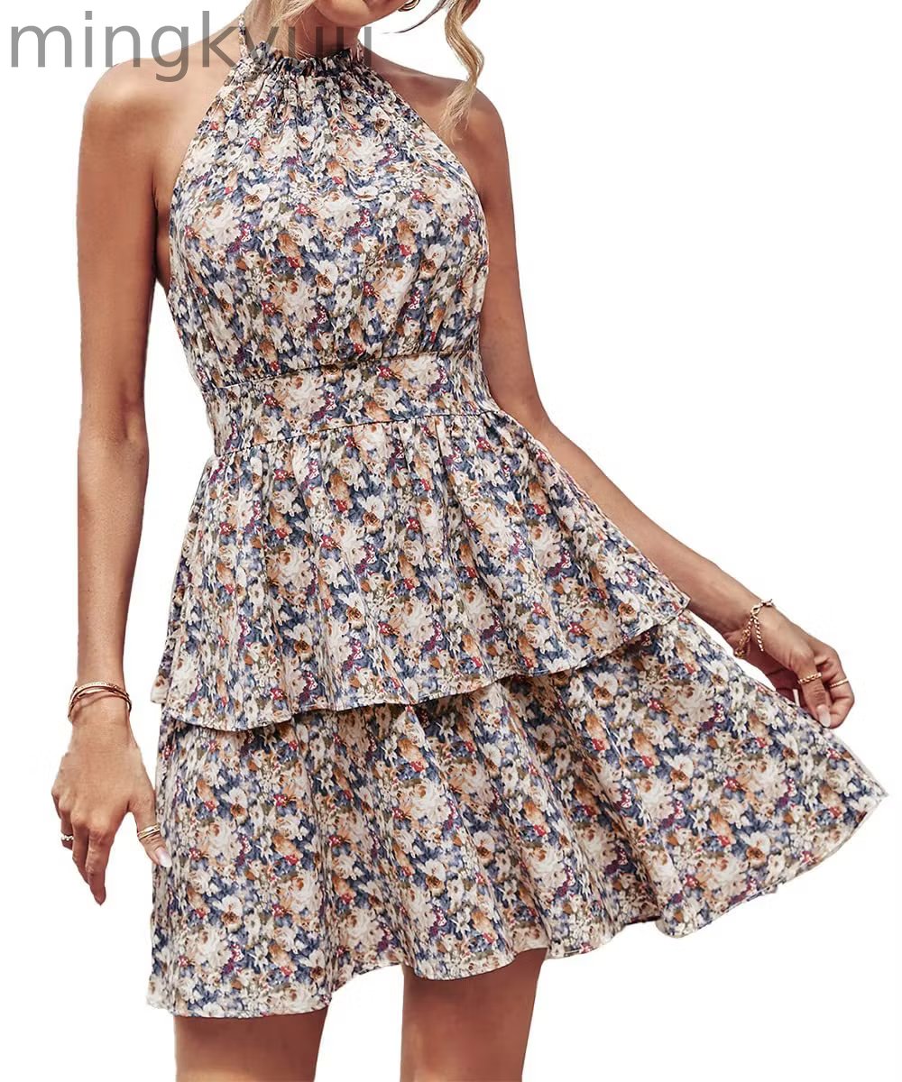 Summer Floral Halter Dress with Ruffle Details and Backless Design
