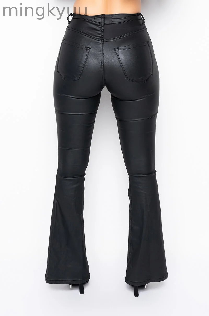 ON DUTY FAUX LEATHER HIGH RISE FLARE PANTS